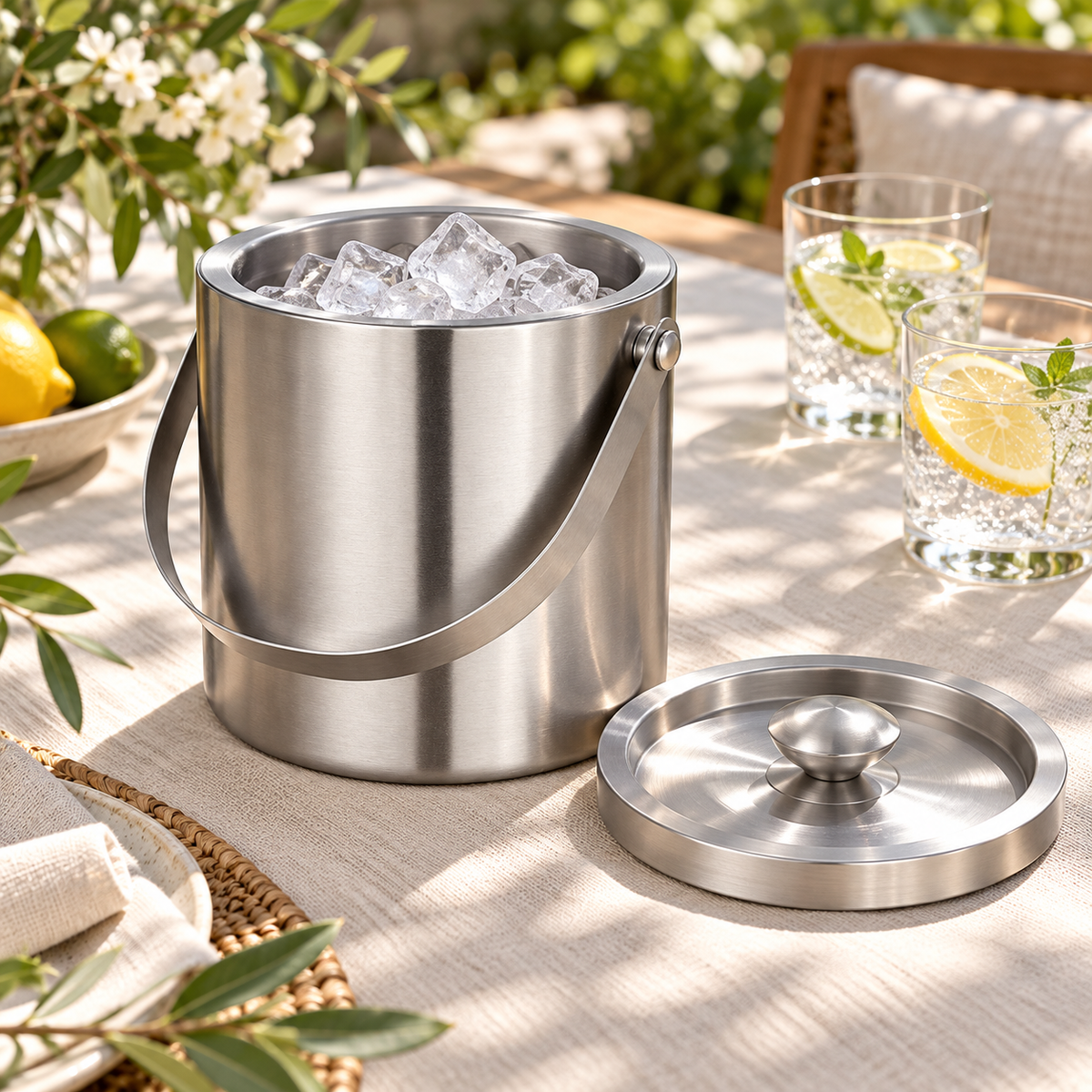 Styled garden table scene of the 2 L silver ice bucket filled with ice, lid beside it