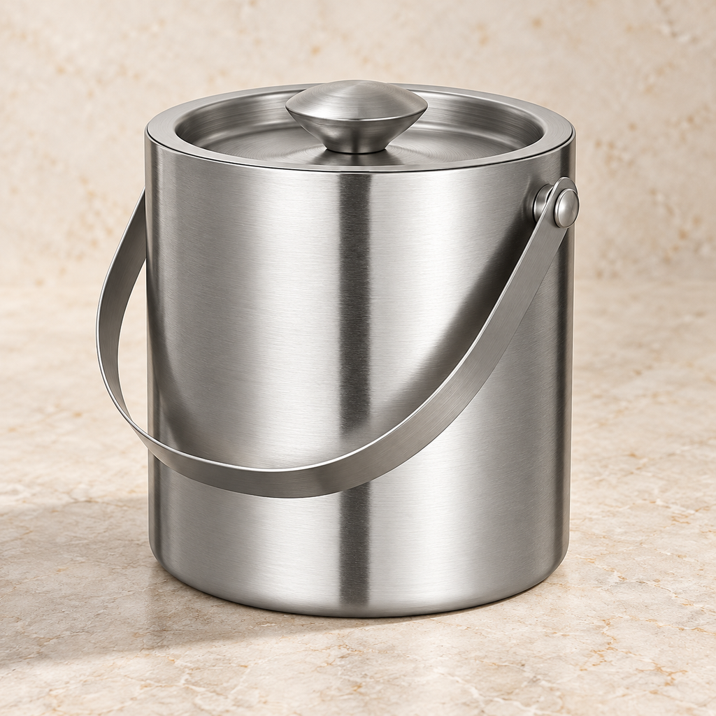 Detail of the 2 L silver ice bucket brushed finish, recessed lid and handle