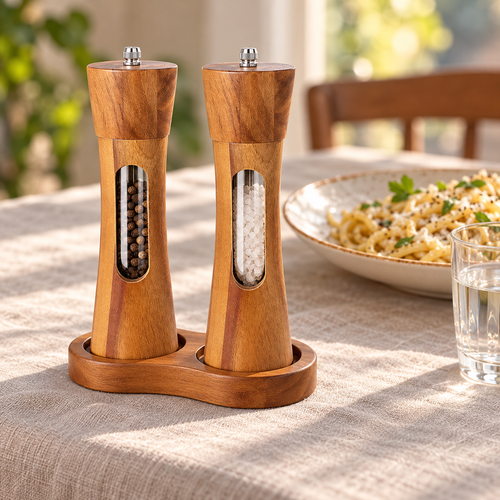 Two acacia salt and pepper mills with figure-eight base in a styled dining scene