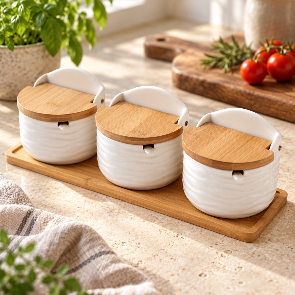 Three white wavy ceramic seasoning jars with bamboo lids on their tray, styled kitchen scene