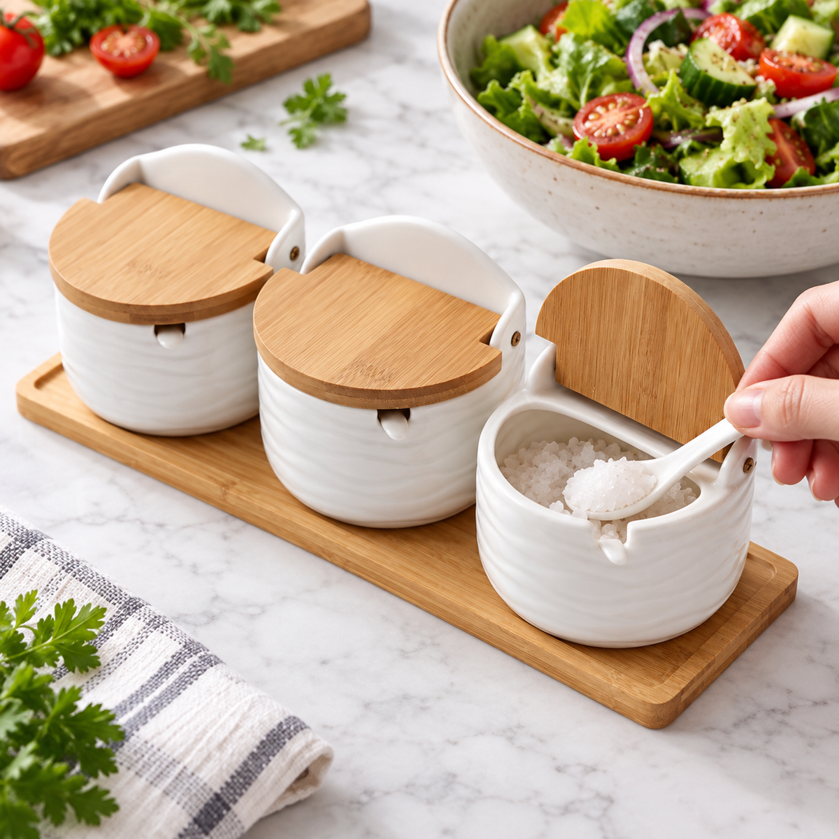 Styled seasoning preparation scene with three white wavy jars and one open bamboo lid