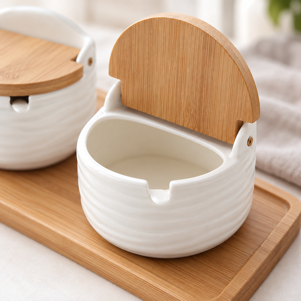 Detail of the white wavy seasoning jar opening, bamboo lid and spoon notch