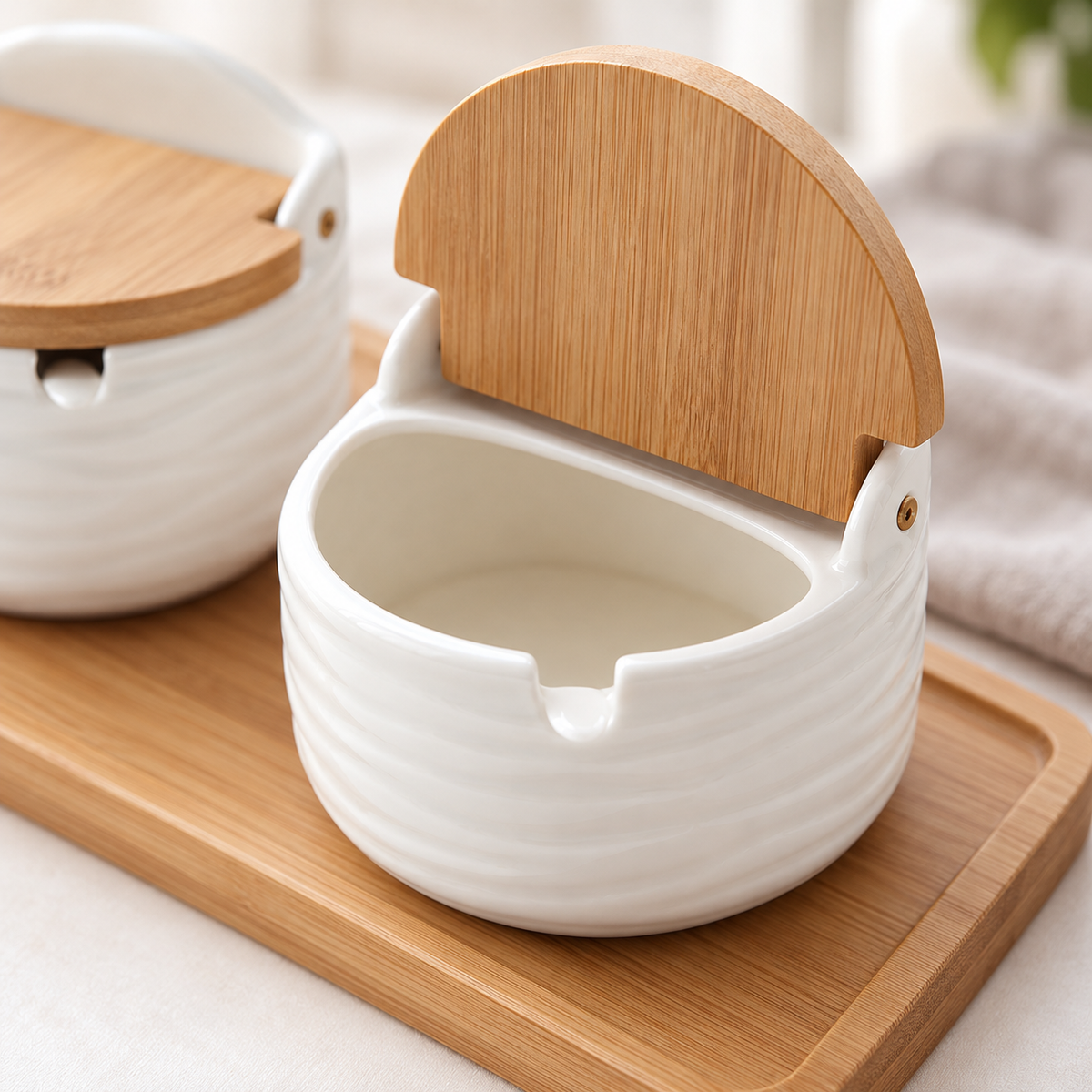 Detail of the white wavy seasoning jar opening, bamboo lid and spoon notch