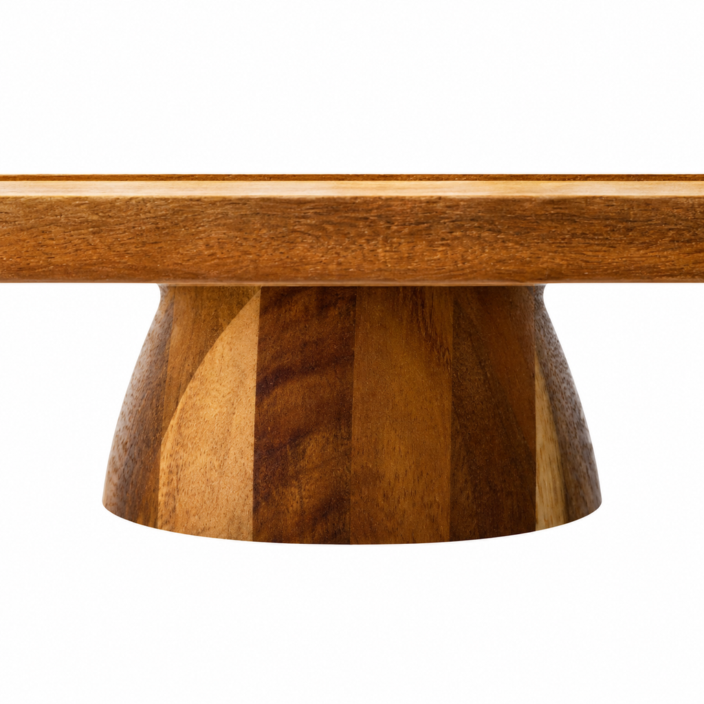 Close-up detail of the wooden tray pedestal and front edge