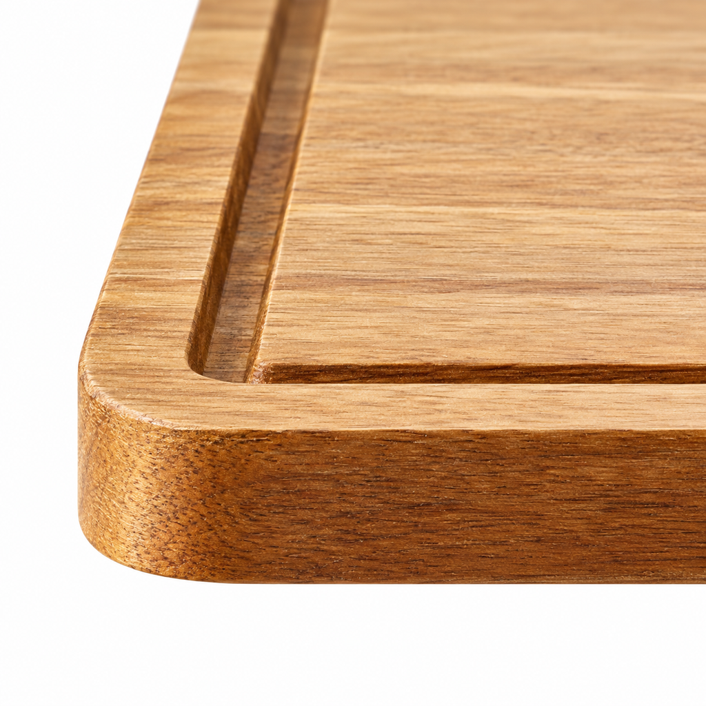 Close-up detail of the wooden tray corner and recessed rim