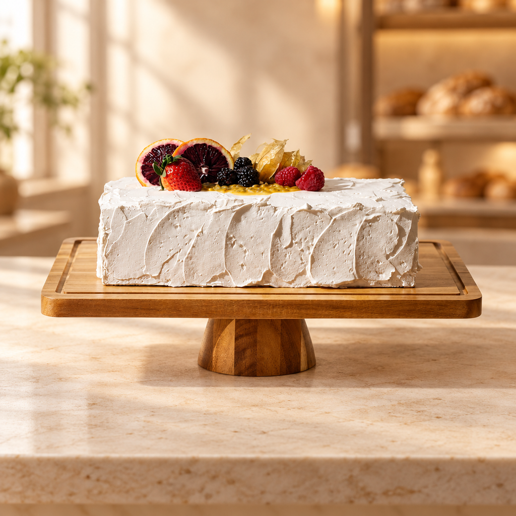 Wooden pedestal cake tray displaying a fruit-topped cake on a warmly lit bakery counter