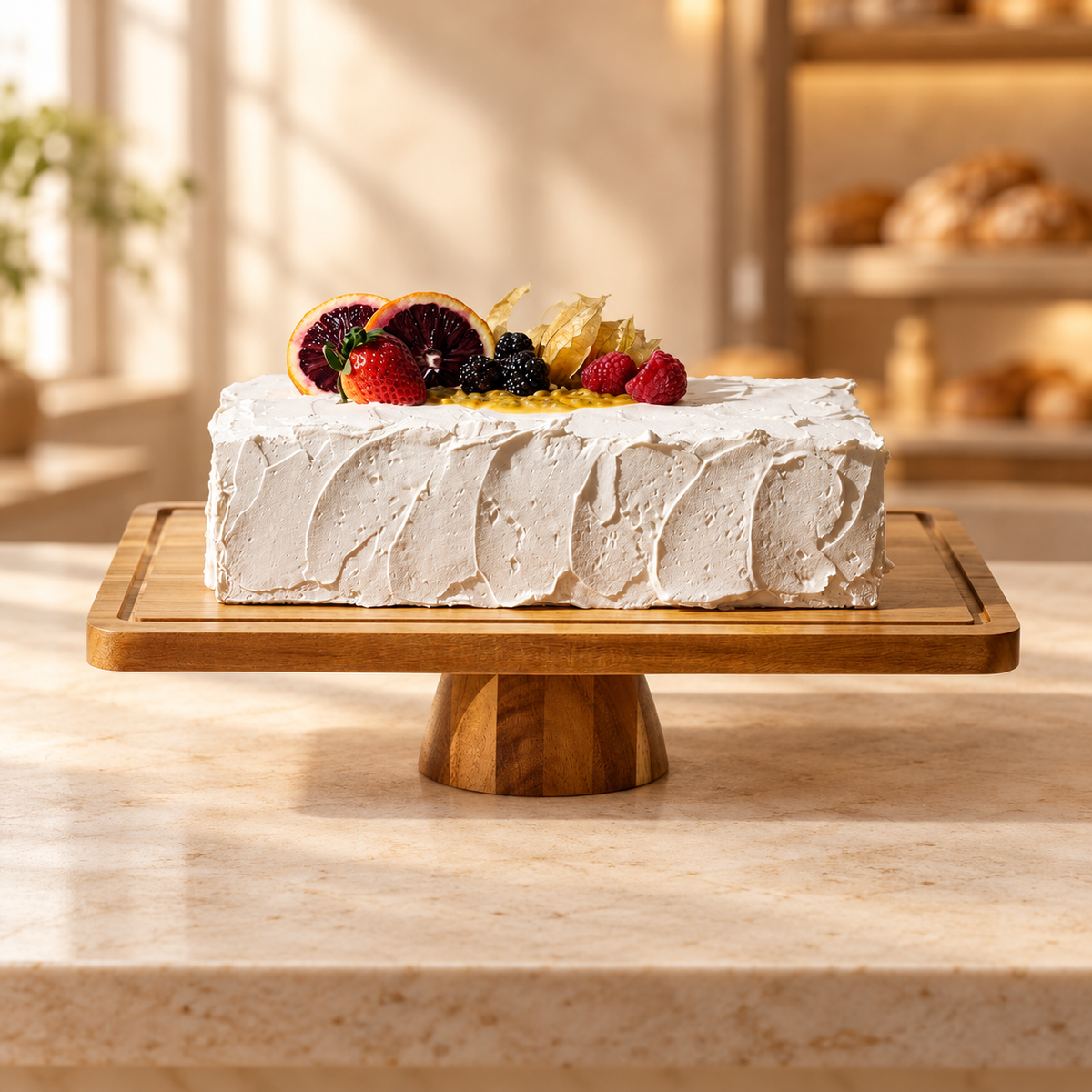 Wooden pedestal cake tray displaying a fruit-topped cake on a warmly lit bakery counter