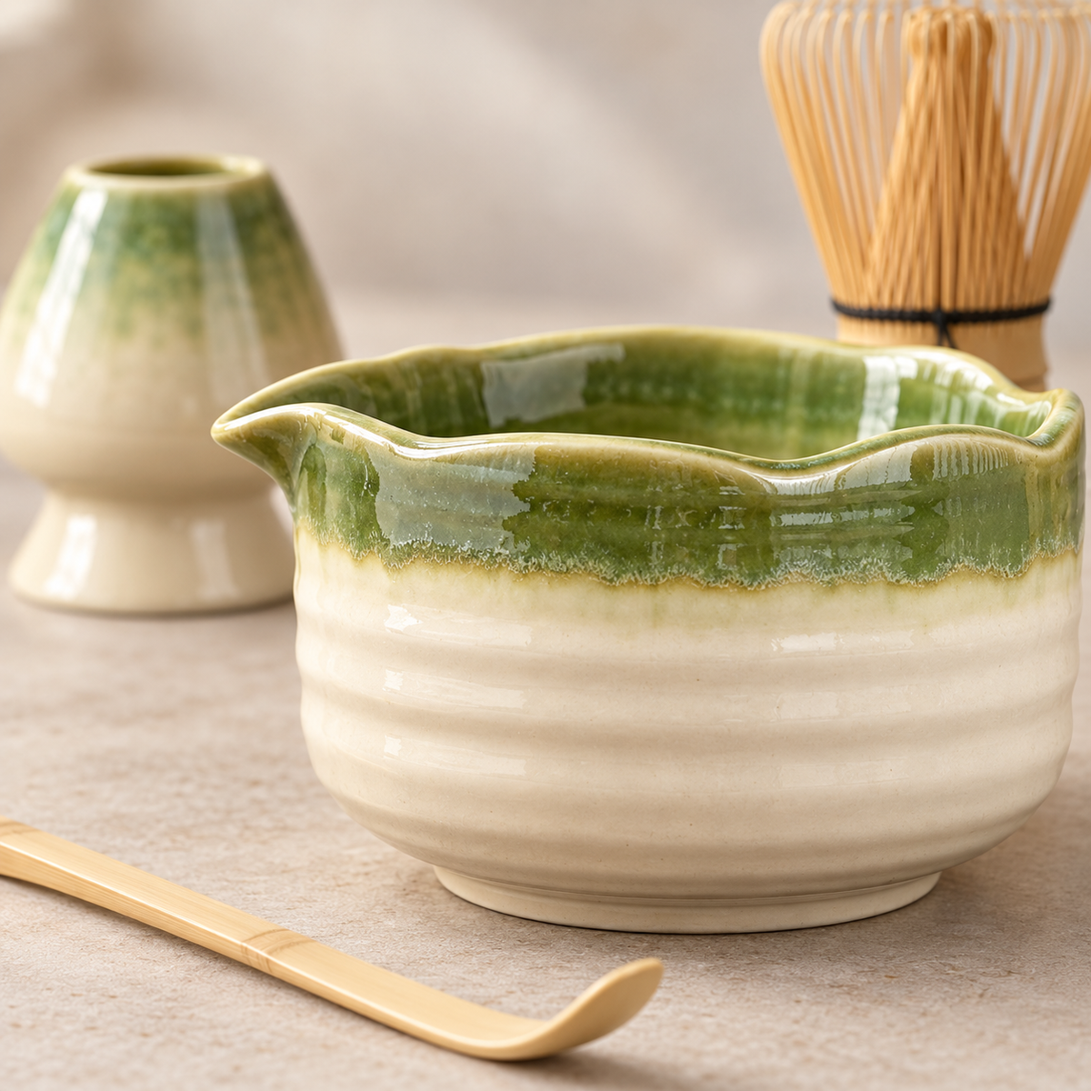 Close detail of scalloped pouring rim and green-to-ivory ceramic glaze