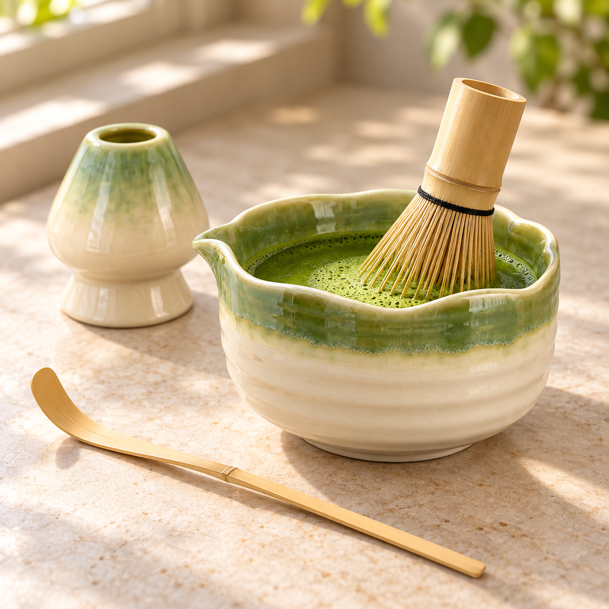 Green and ivory matcha bowl during whisking with matching holder and scoop