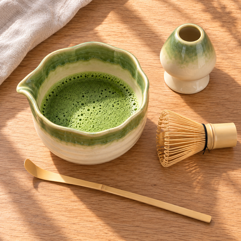 Green ceramic matcha set arranged for tea on an oak table