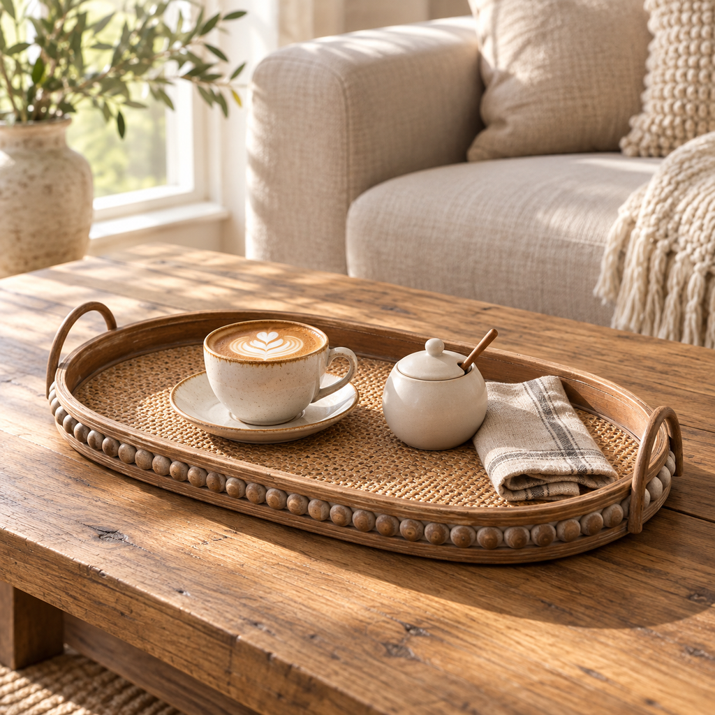 Rattan serving tray holding coffee cup, sugar bowl and linen