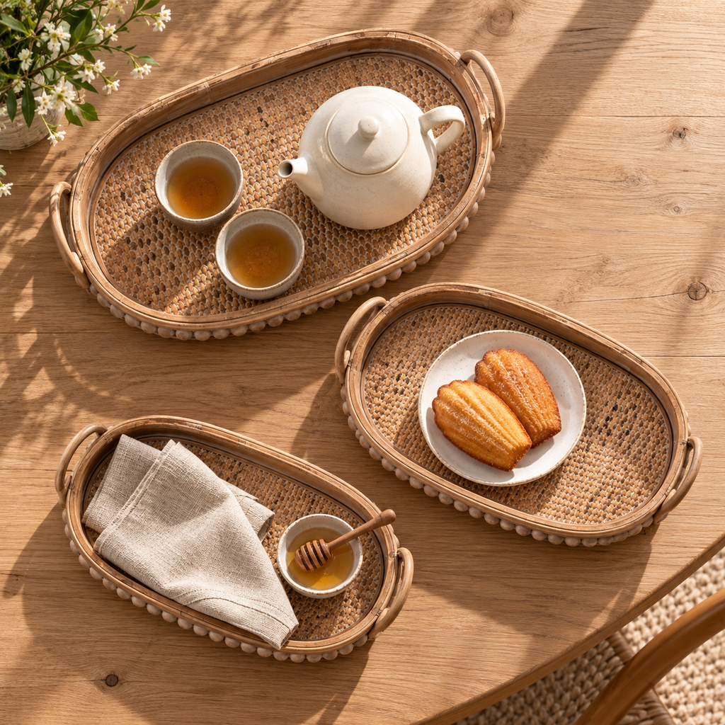 Three rattan trays set for tea with teapot, cups and small condiments