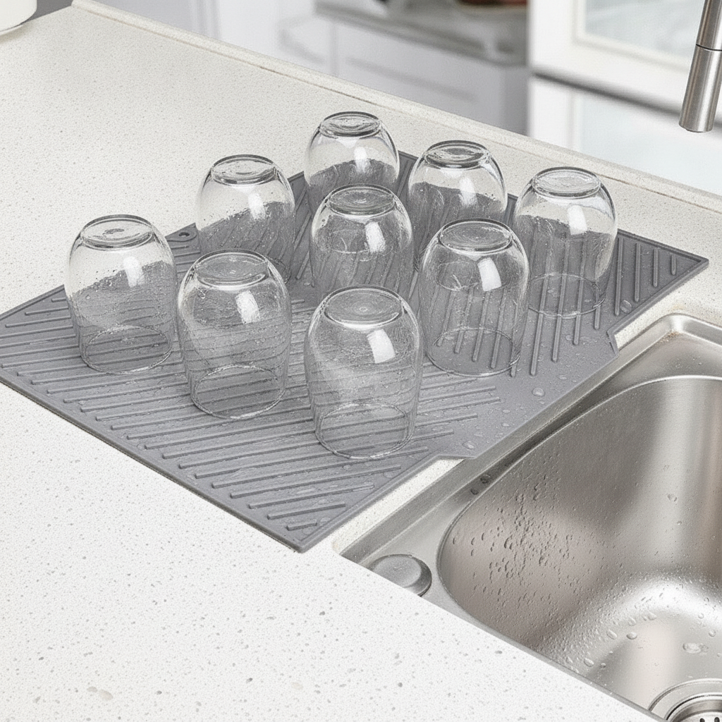 Clean glasses air-drying on the gray ribbed silicone drying mat beside a sink