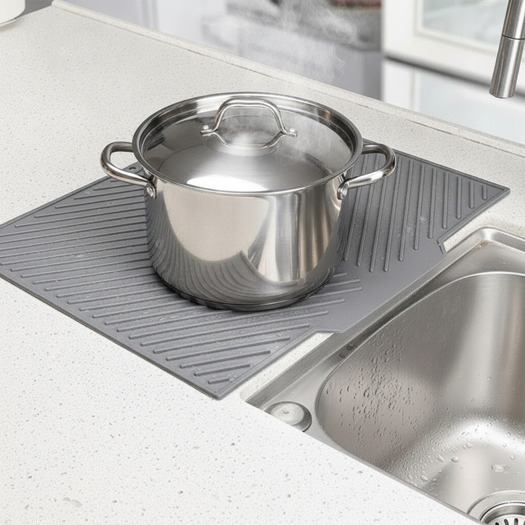 Hot stainless steel pot resting on the gray ribbed silicone mat used as a heat-resistant trivet
