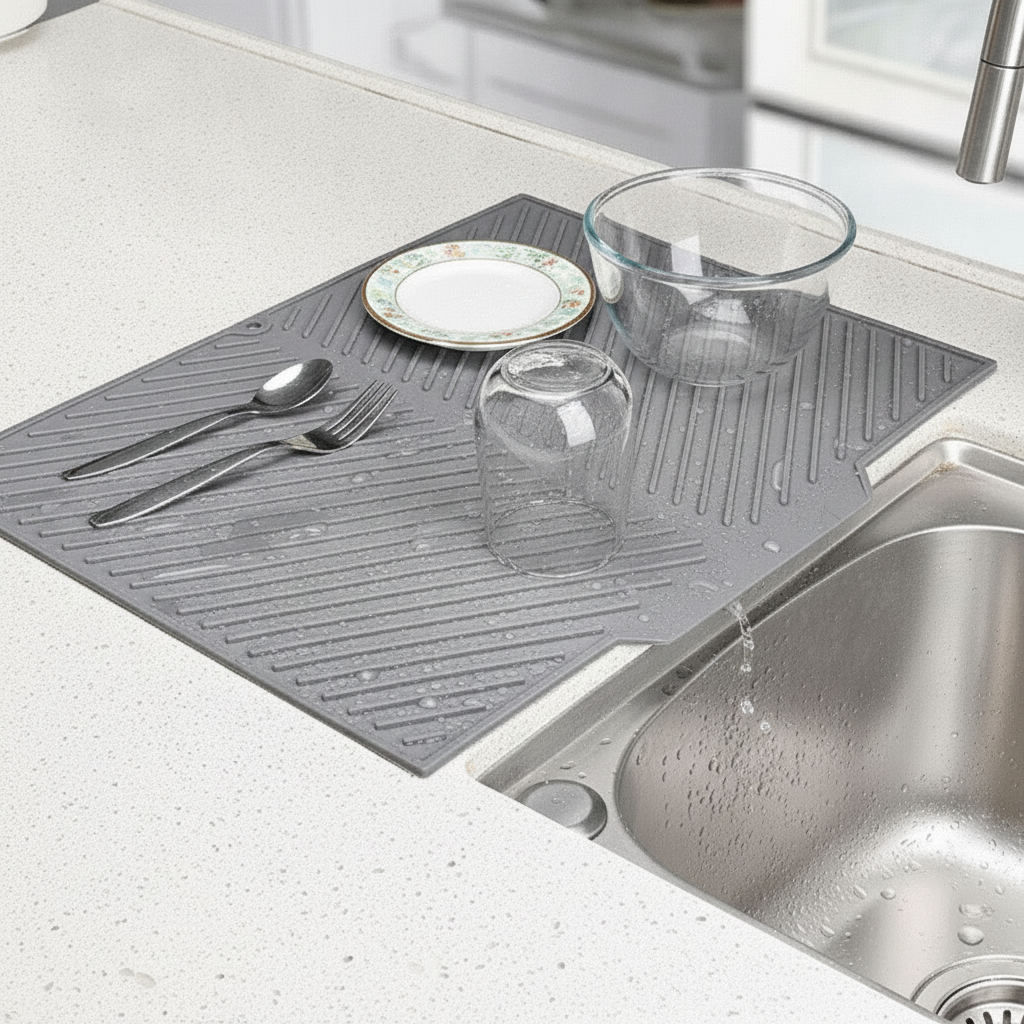 Close-up of water draining along the raised diagonal channels of the gray silicone mat