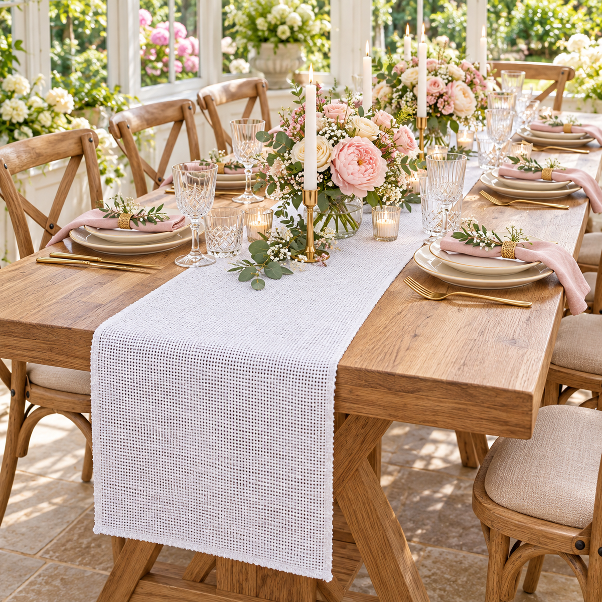 White jute burlap runner styled with blush table decor
