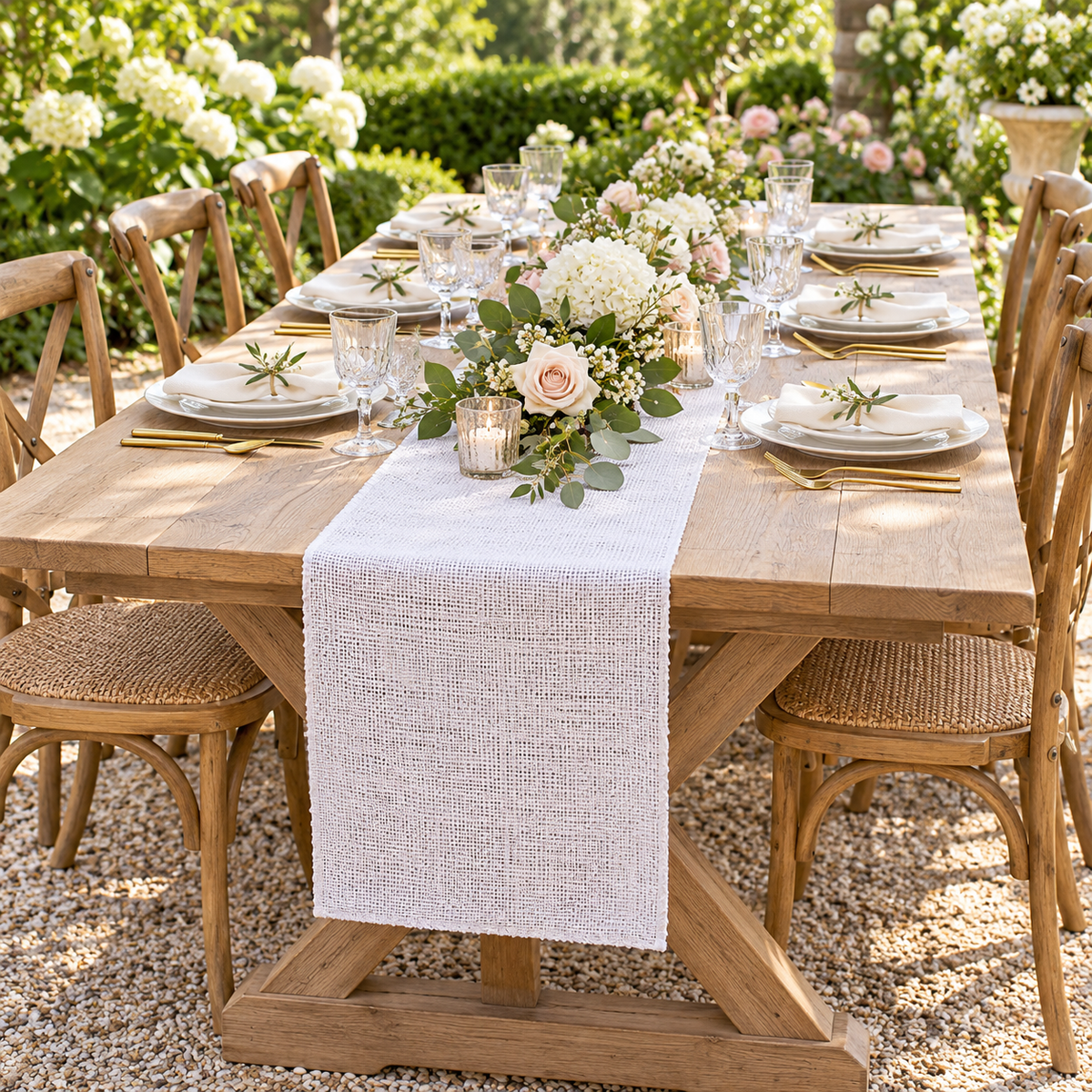 White jute burlap runner styled on a garden dining table
