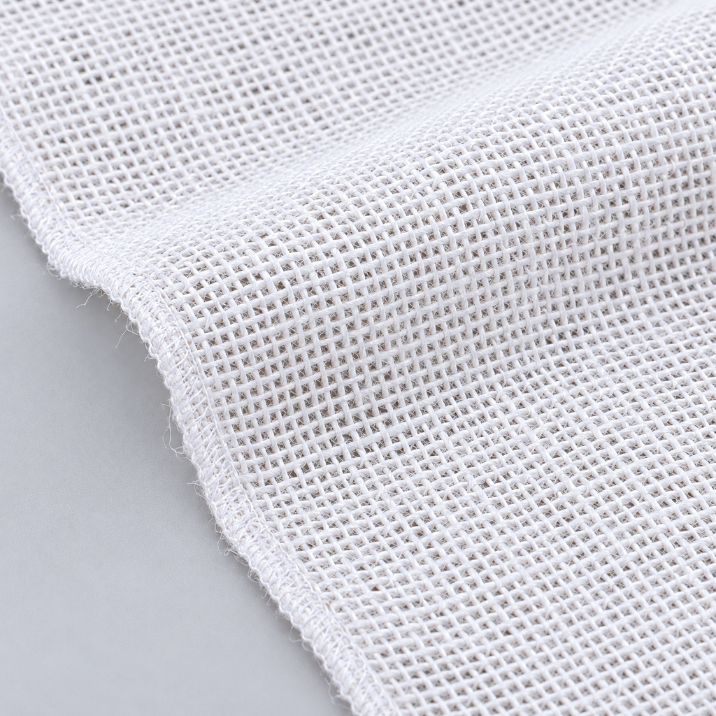 White jute burlap runner woven texture and hem detail