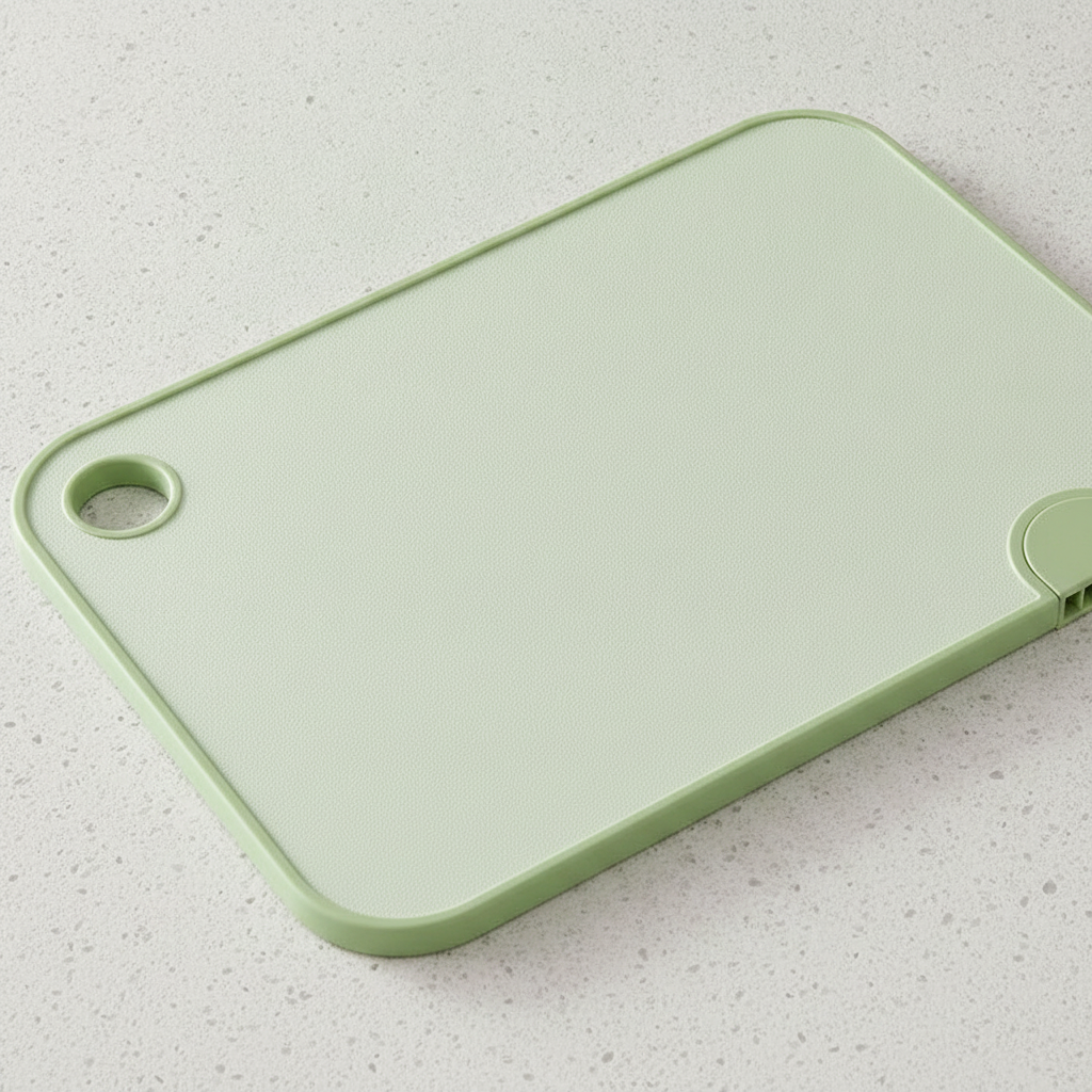 Cutting board close-up: mint-green textured side and hanging hole