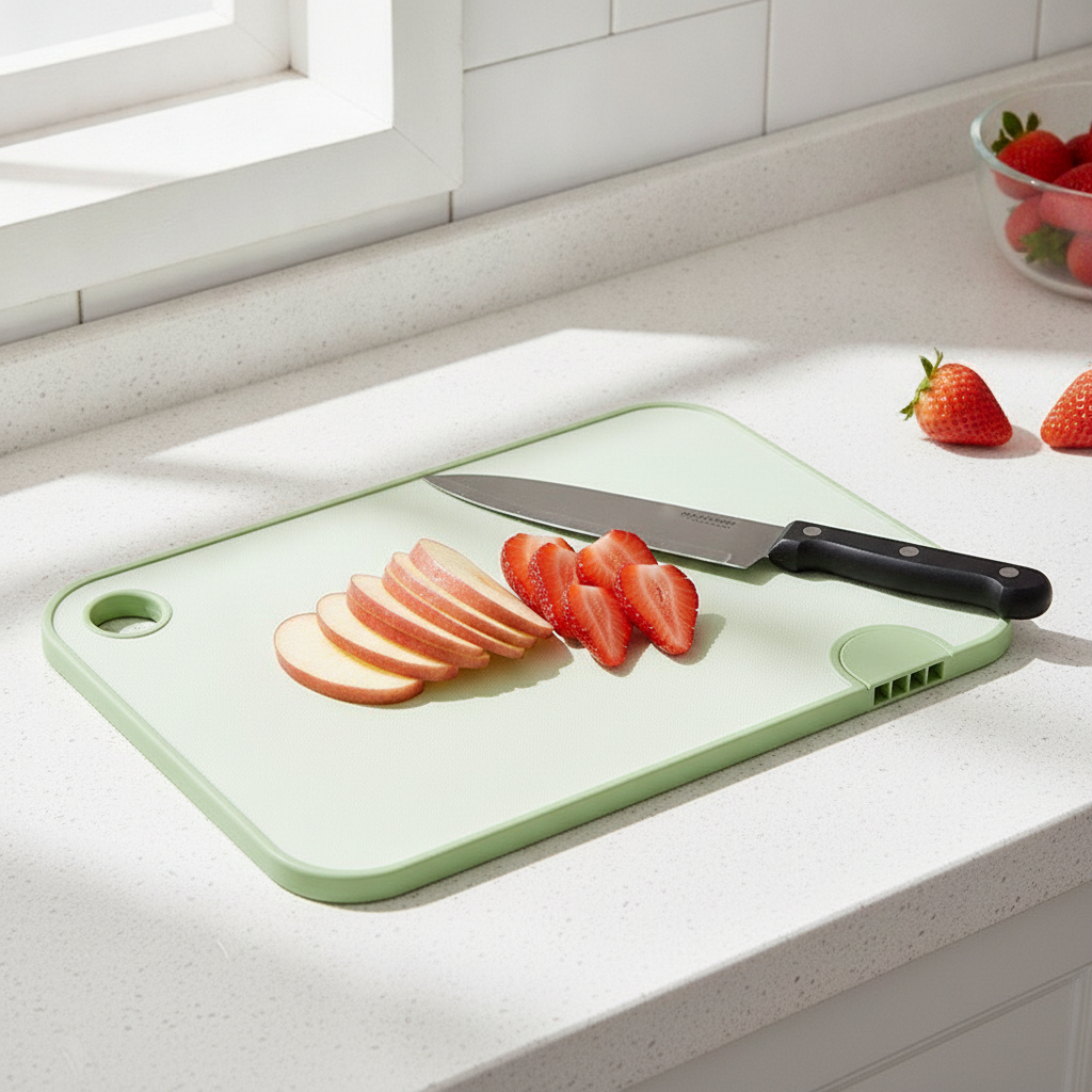 Green plastic side in use slicing apple and strawberries