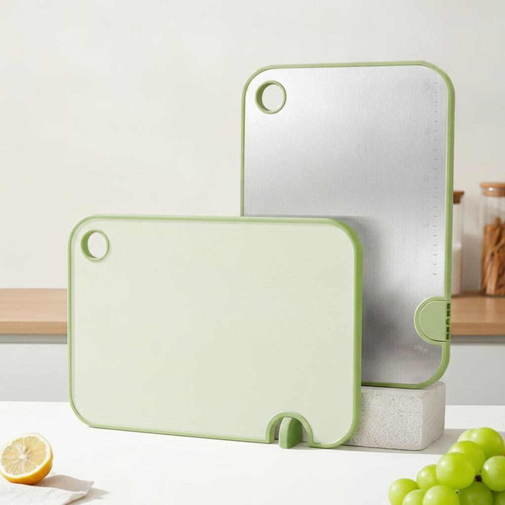 Two-tone cutting boards upright in matching green stand