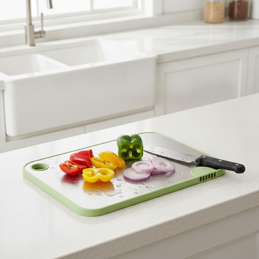 Stainless-steel side prepping raw vegetables