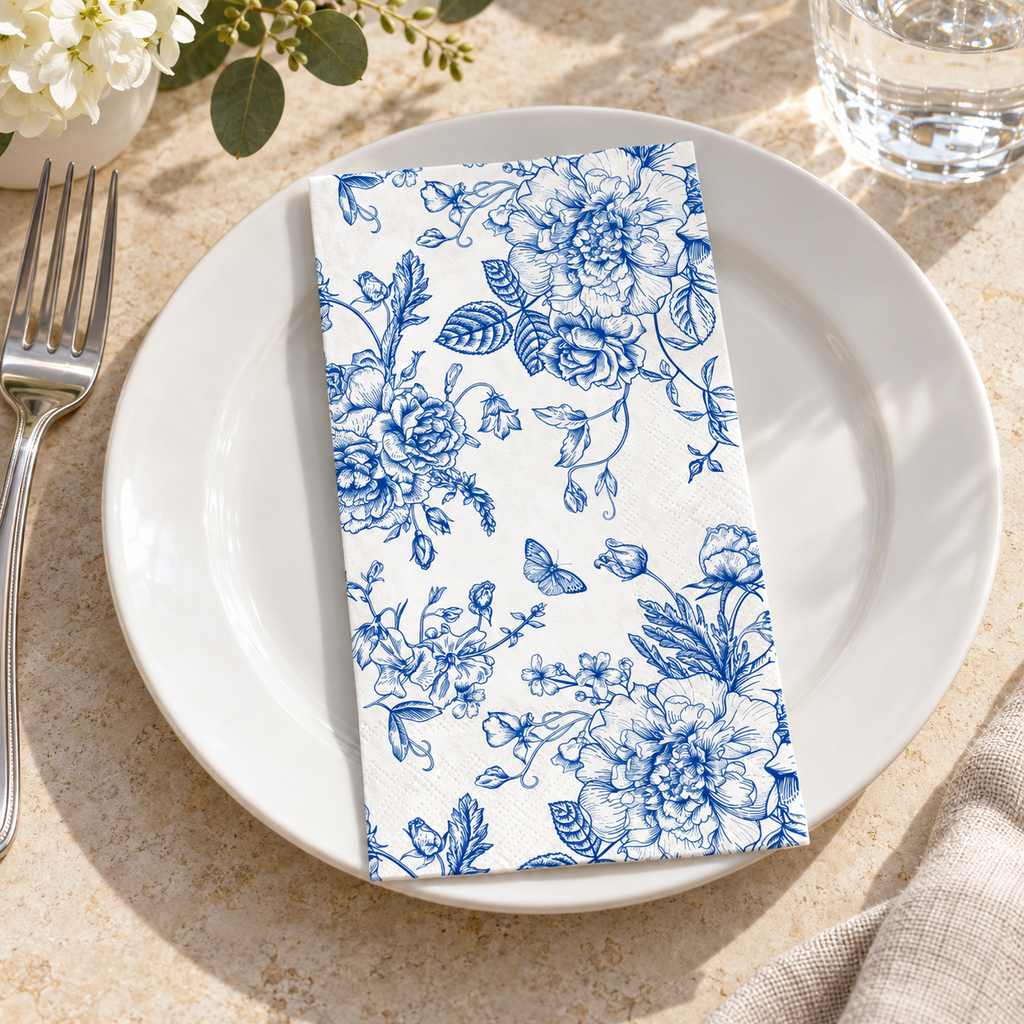Blue Wildflower Paper Guest Napkins, 100 pc - place setting. Styling props not included.