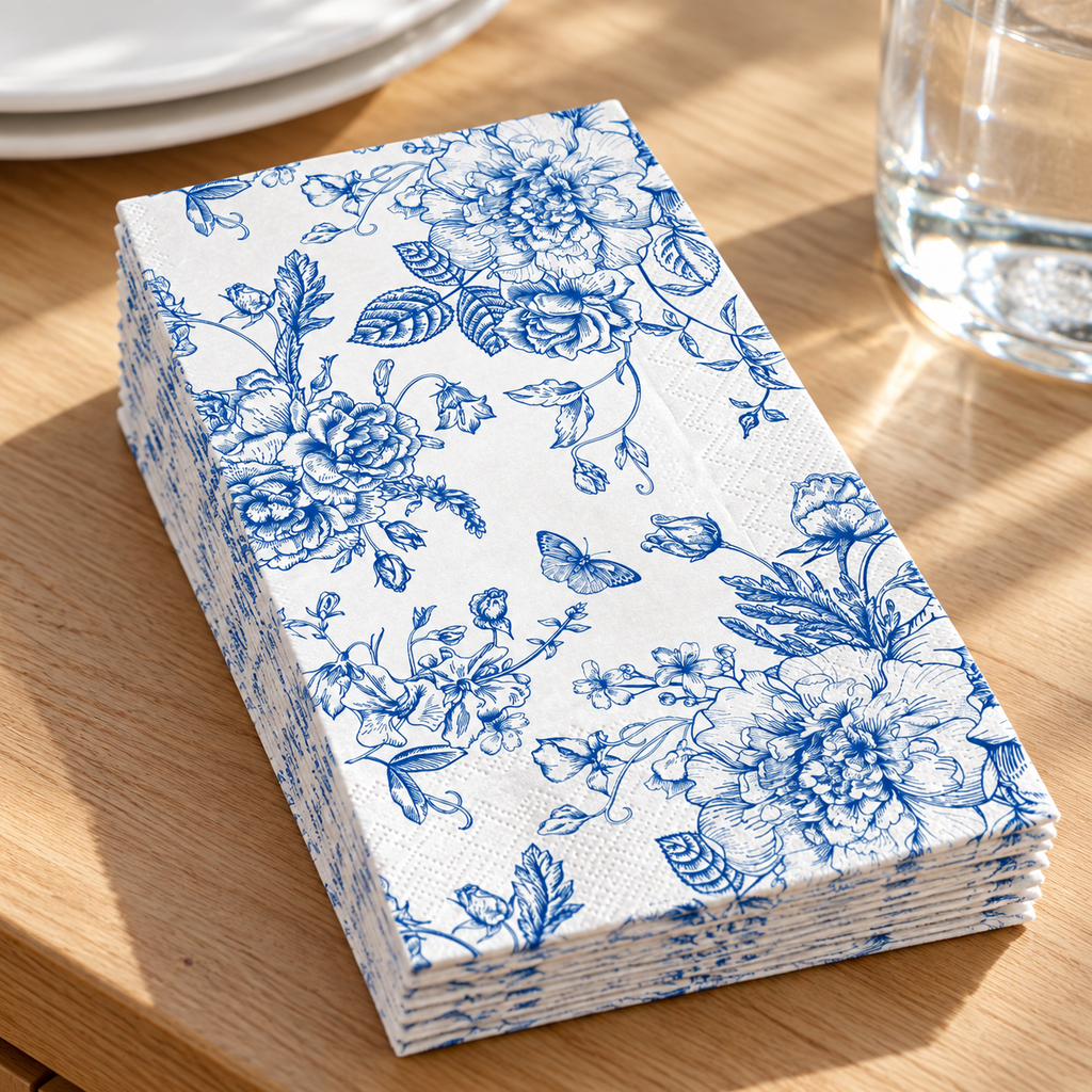 Blue Wildflower Paper Guest Napkins, 100 pc - stack detail. Styling props not included.