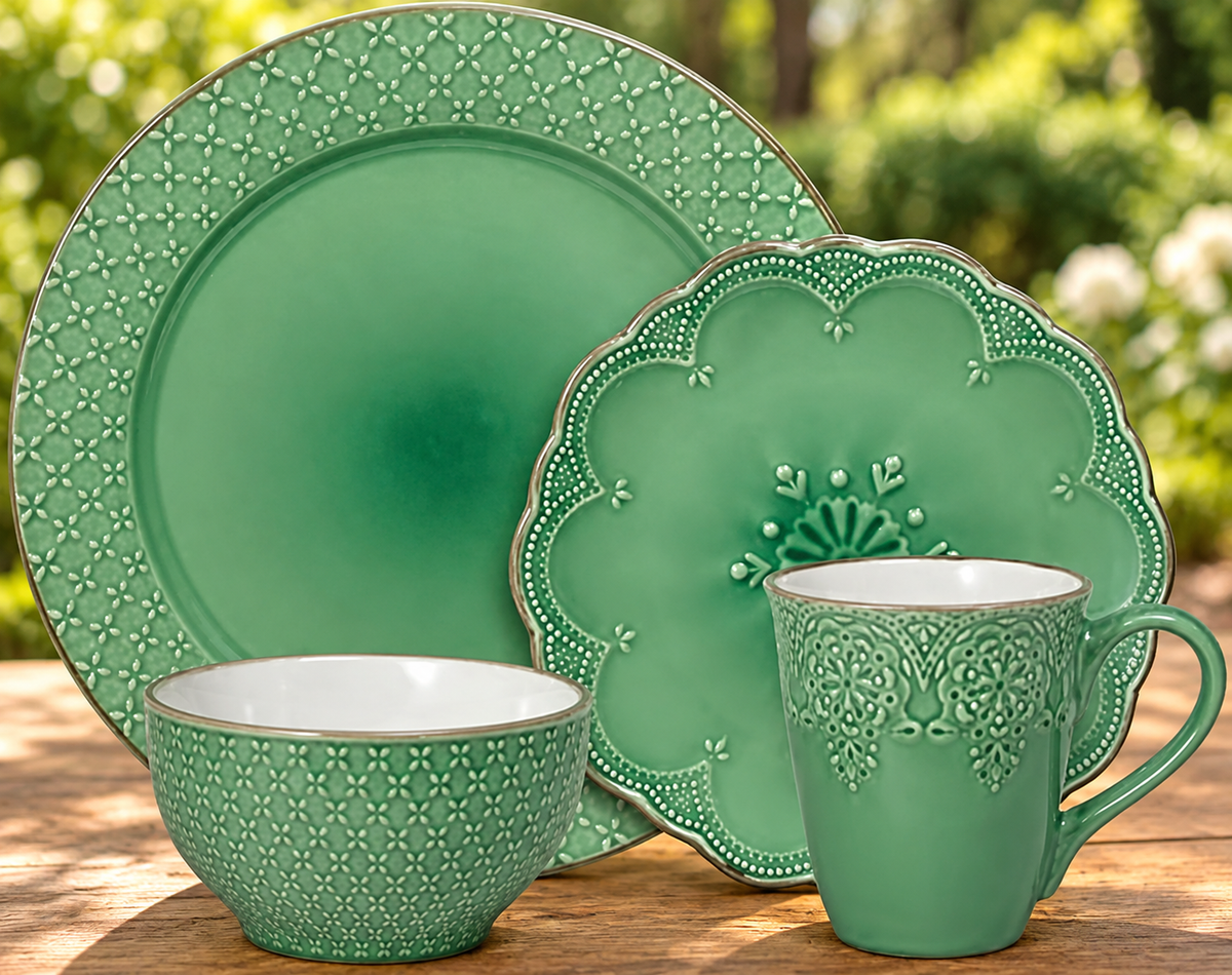 Green French Lace Stoneware Dinner Set, 16-Piece displayed on a wooden table in a natural setting