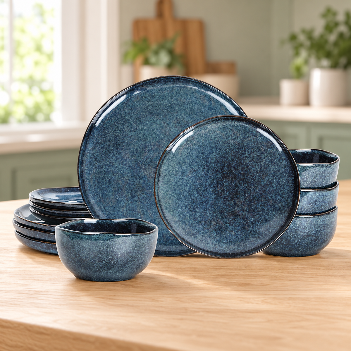 Deep blue rustic-chic dinnerware set on a wooden kitchen table