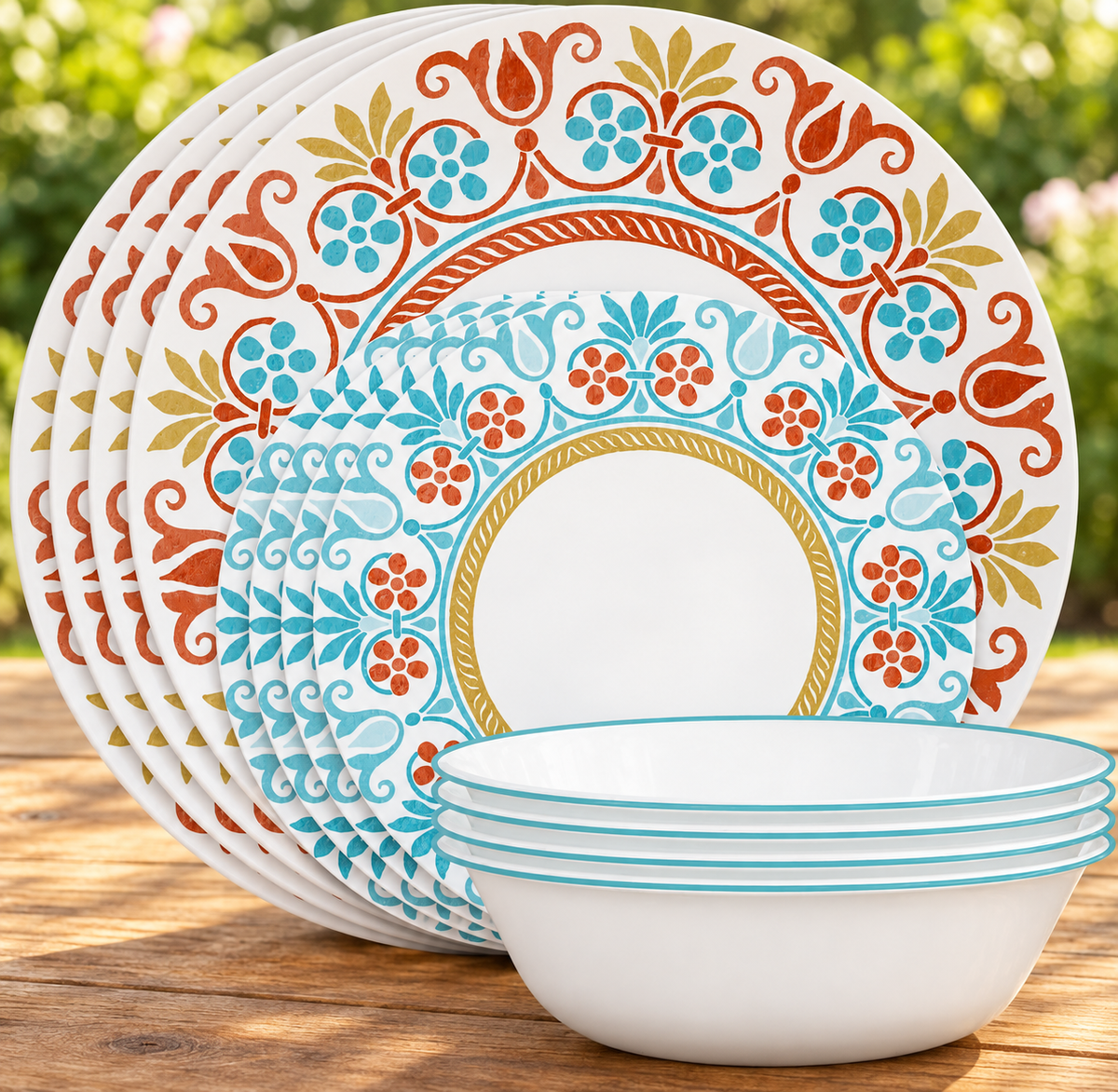 Corelle Global Collection Vitrelle Dinnerware Set, 12-Piece, Terracotta Dreams displayed on a wooden table in a natural setting