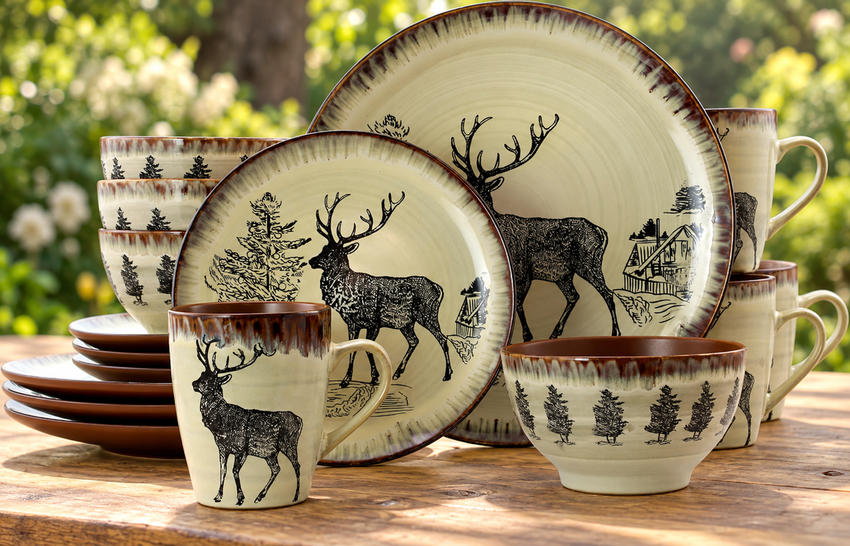 Elama Stoneware Elk Dinner Set, 16-Piece displayed on a wooden table in a natural setting