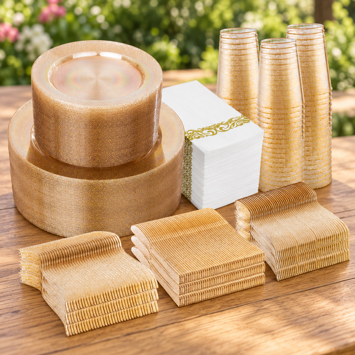 Gold-glitter transparent disposable plates, cups and cutlery with printed napkins on a table