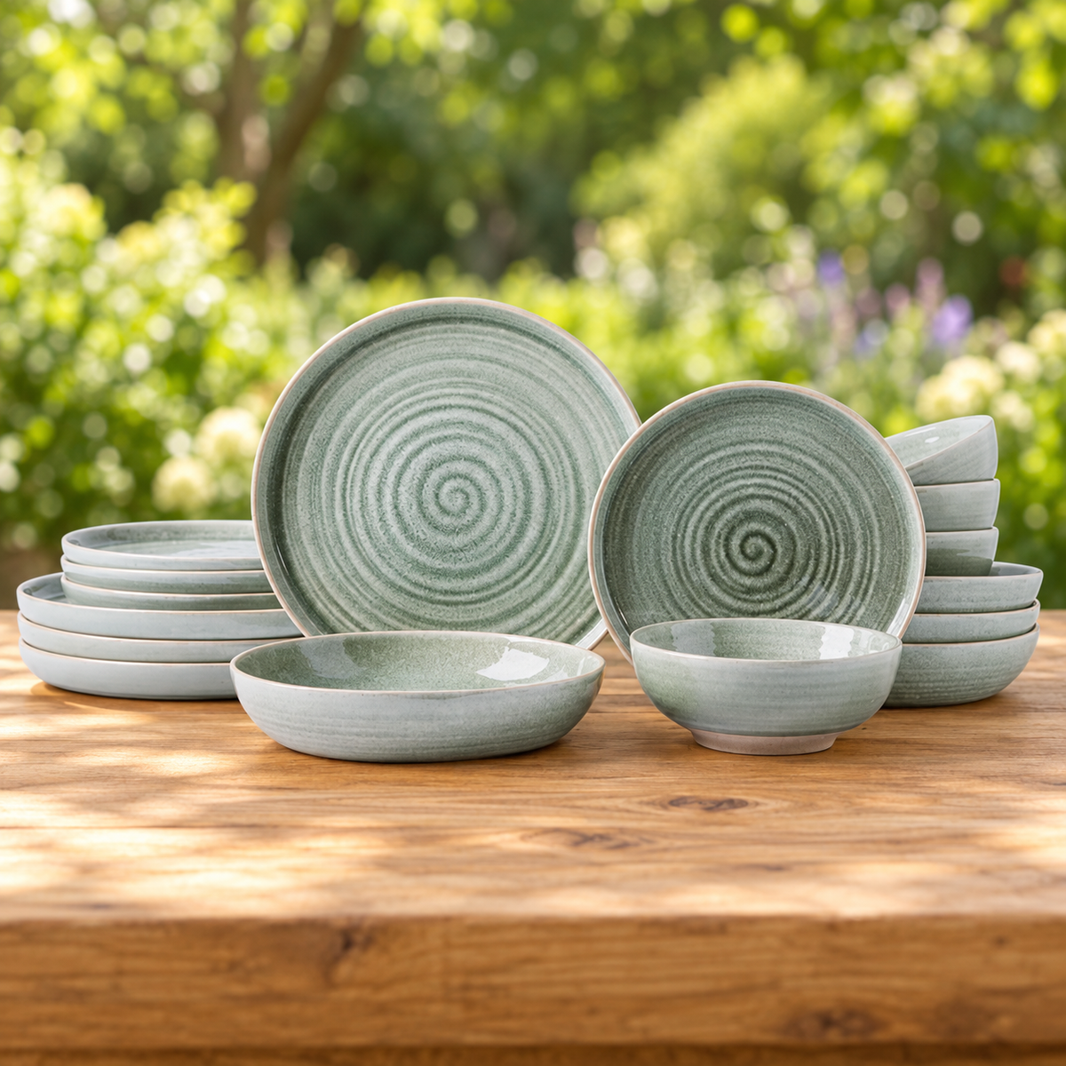 Cream-green spiral dinnerware arranged on a wooden table