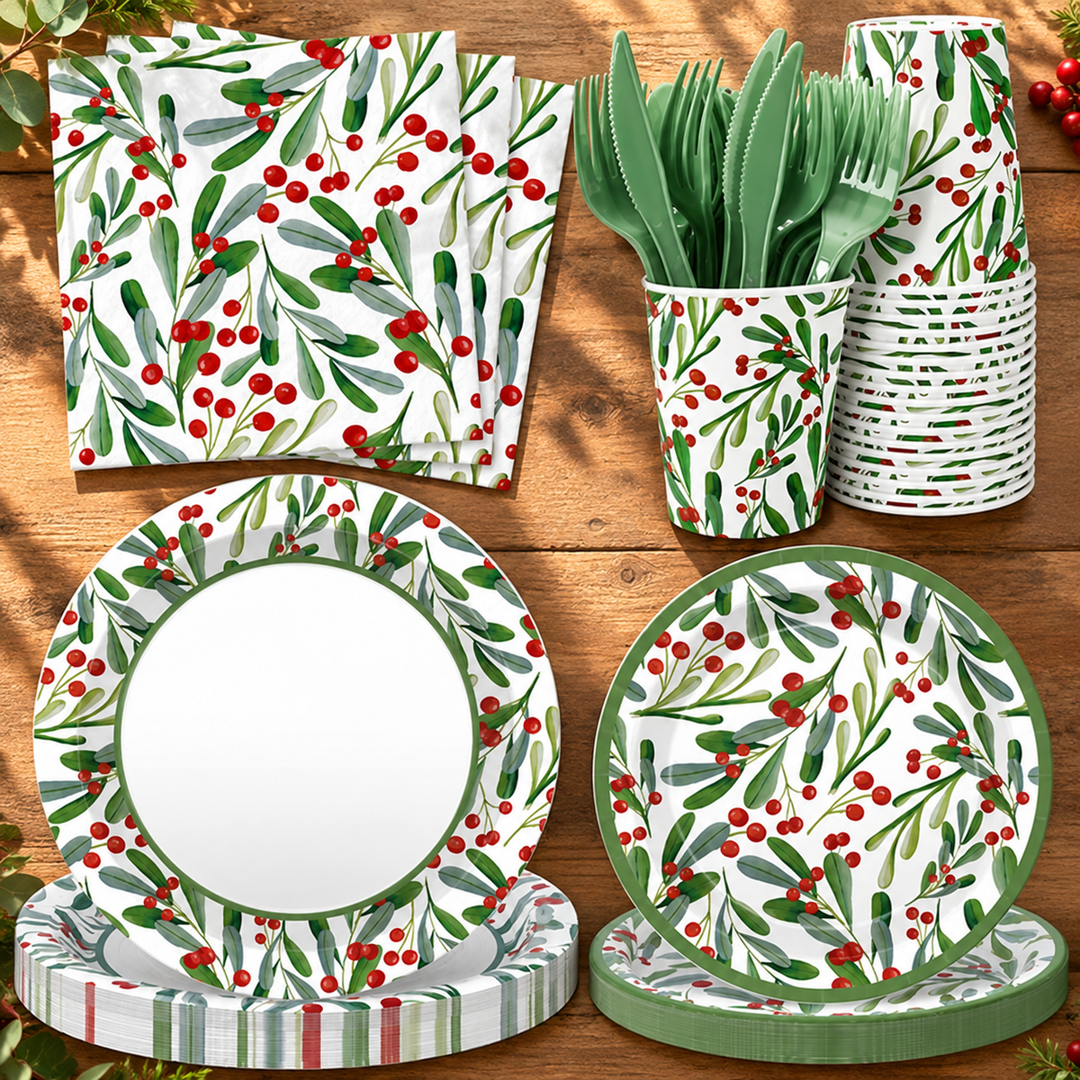 Holly-pattern Christmas tableware with green plastic cutlery arranged on a table