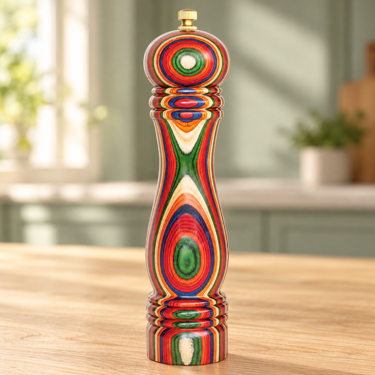 Multicolored layered-wood chess-shaped pepper mill on a kitchen counter