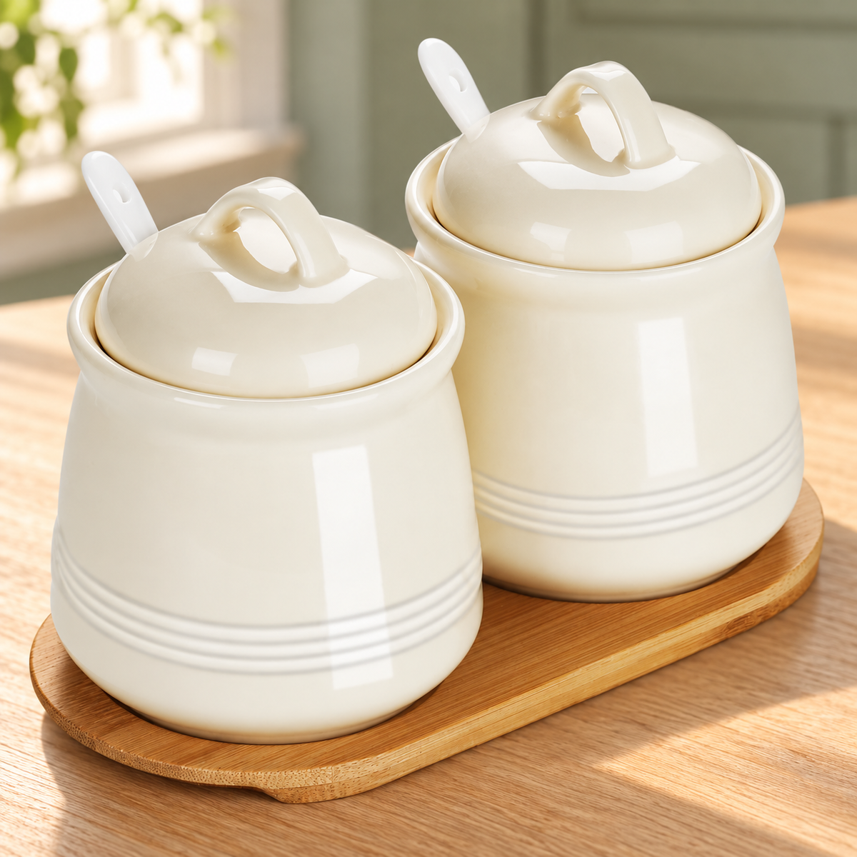 Two cream porcelain condiment jars with lids, spoons and wooden tray
