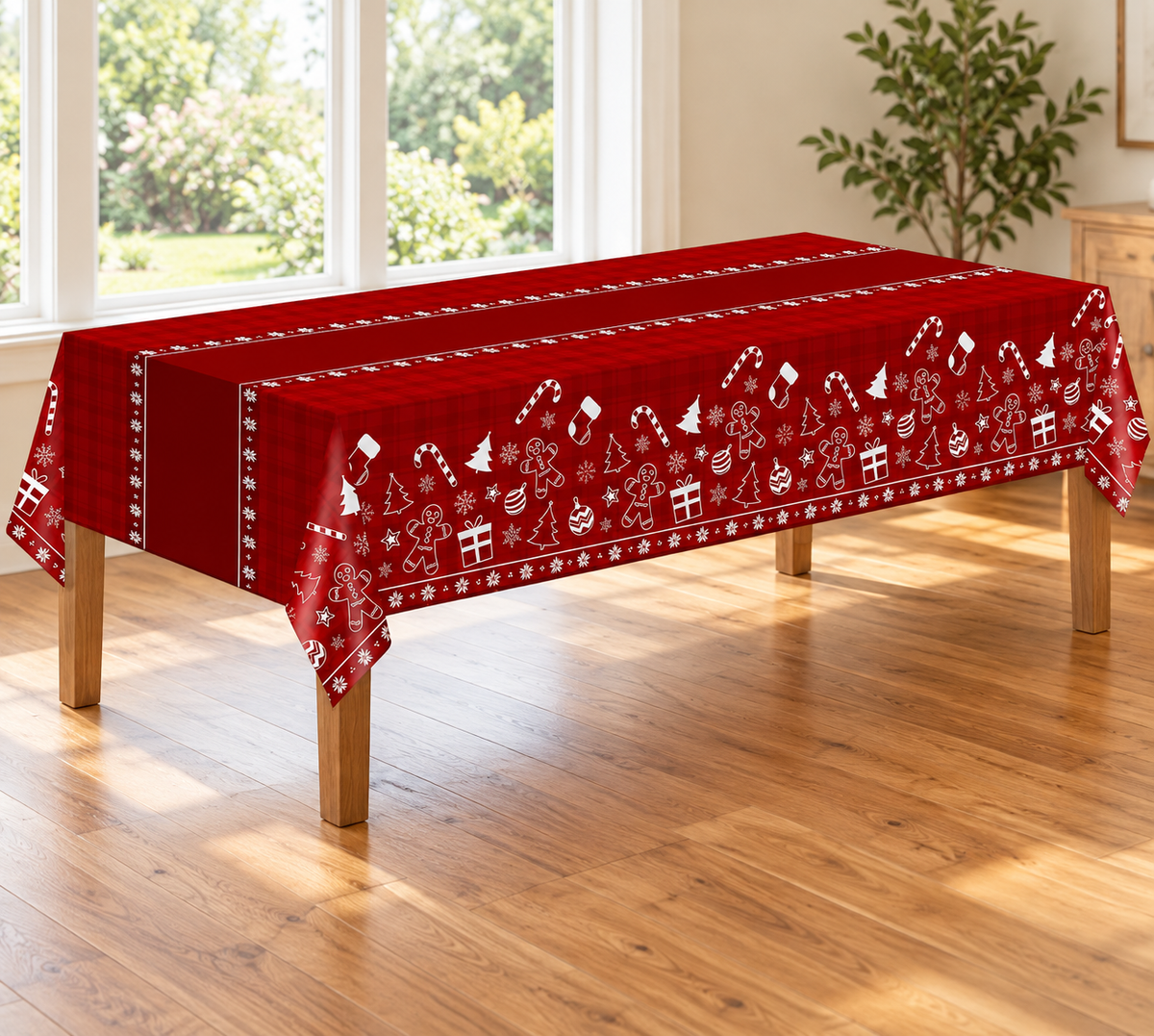 Red Christmas motif tablecloth on a dining table; table not included