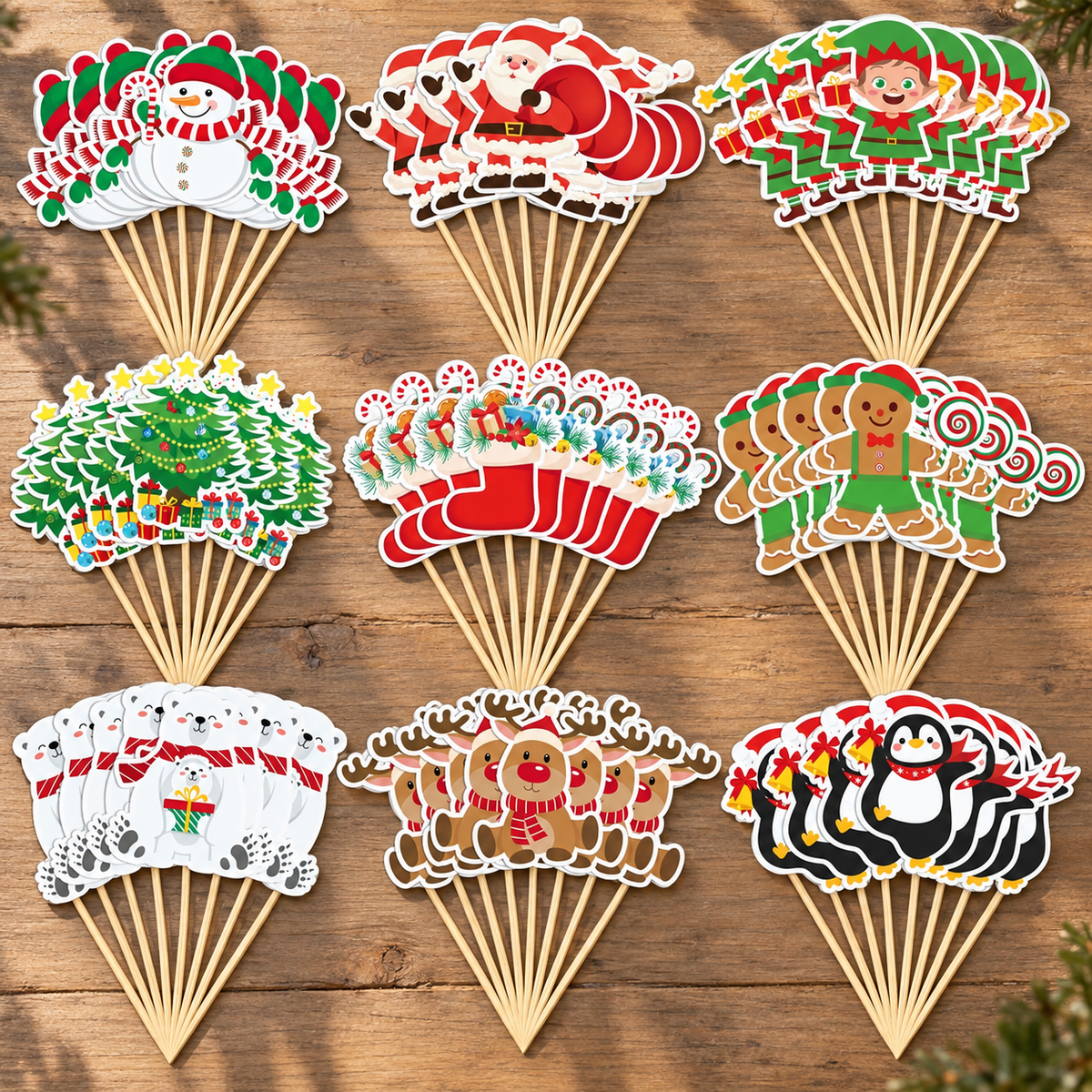 Nine Christmas cupcake topper designs displayed on a wooden table