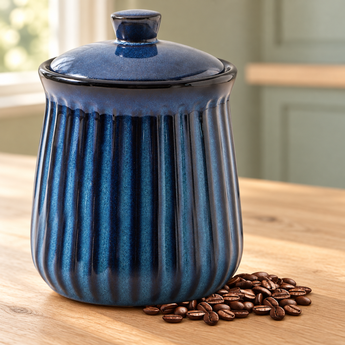 Navy ribbed ceramic canister with lid on a kitchen counter; coffee beans are styling props