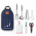 Complete seven-piece camping utensil set with closed navy carry bag on white