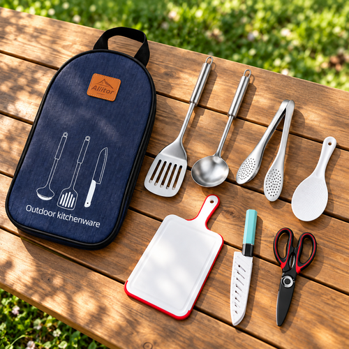 Seven camping cooking utensils beside their closed navy carry bag on a picnic table