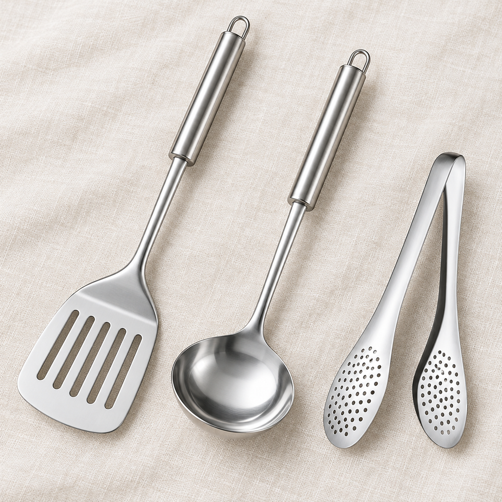 Detail of five-slot stainless spatula, ladle and perforated tongs