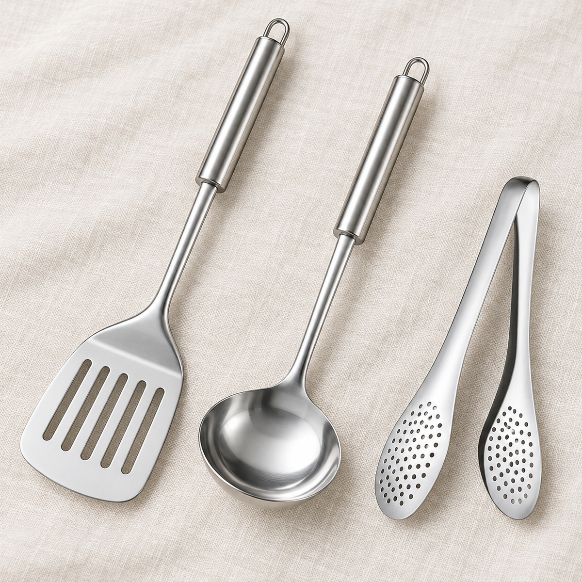 Detail of five-slot stainless spatula, ladle and perforated tongs
