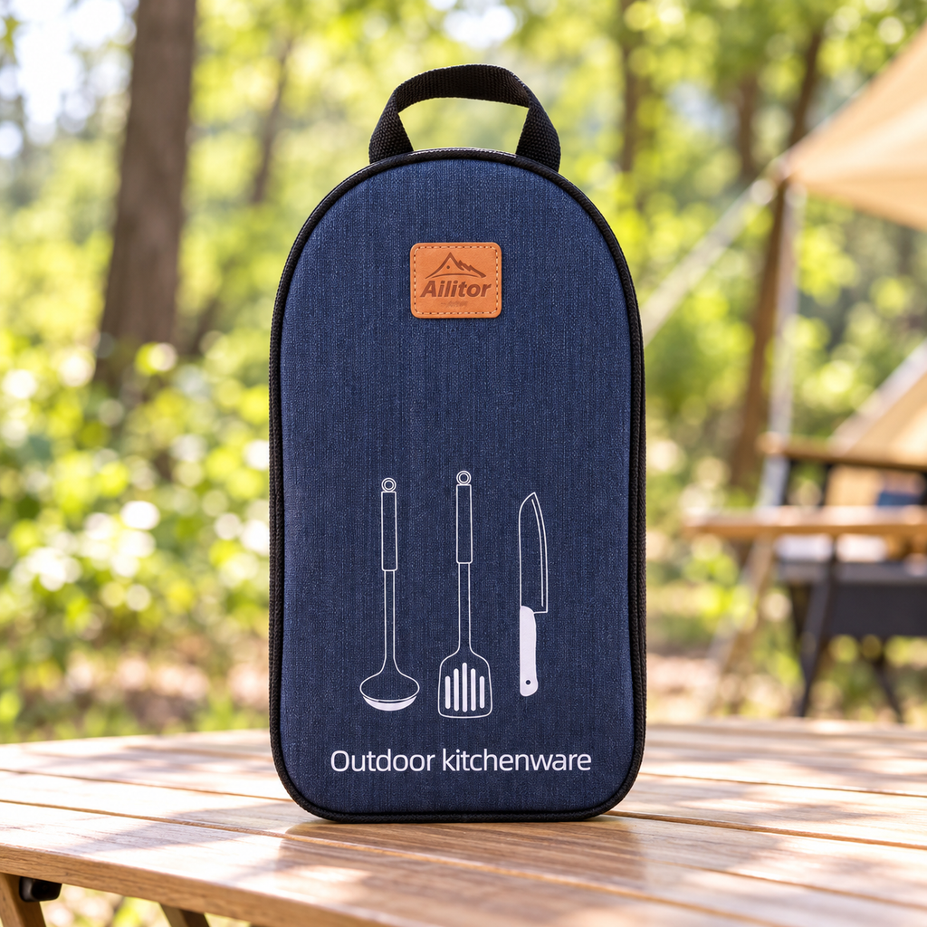 Closed navy carry bag with original utensil-outline print and top handle