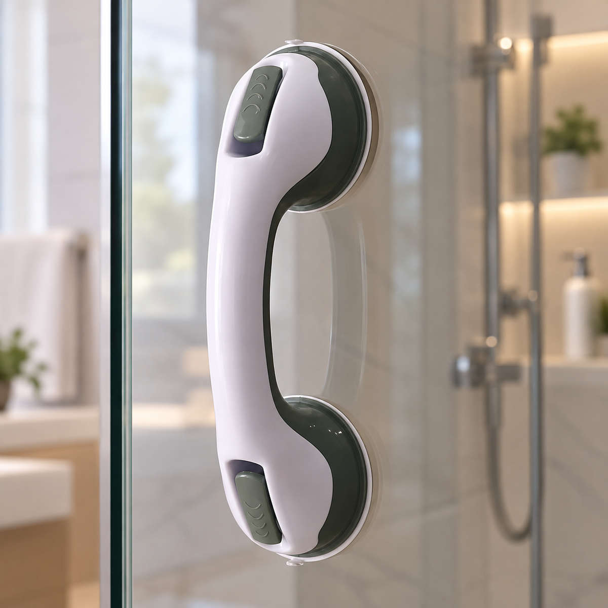 One suction grab handle mounted vertically on empty glass; unloaded static display