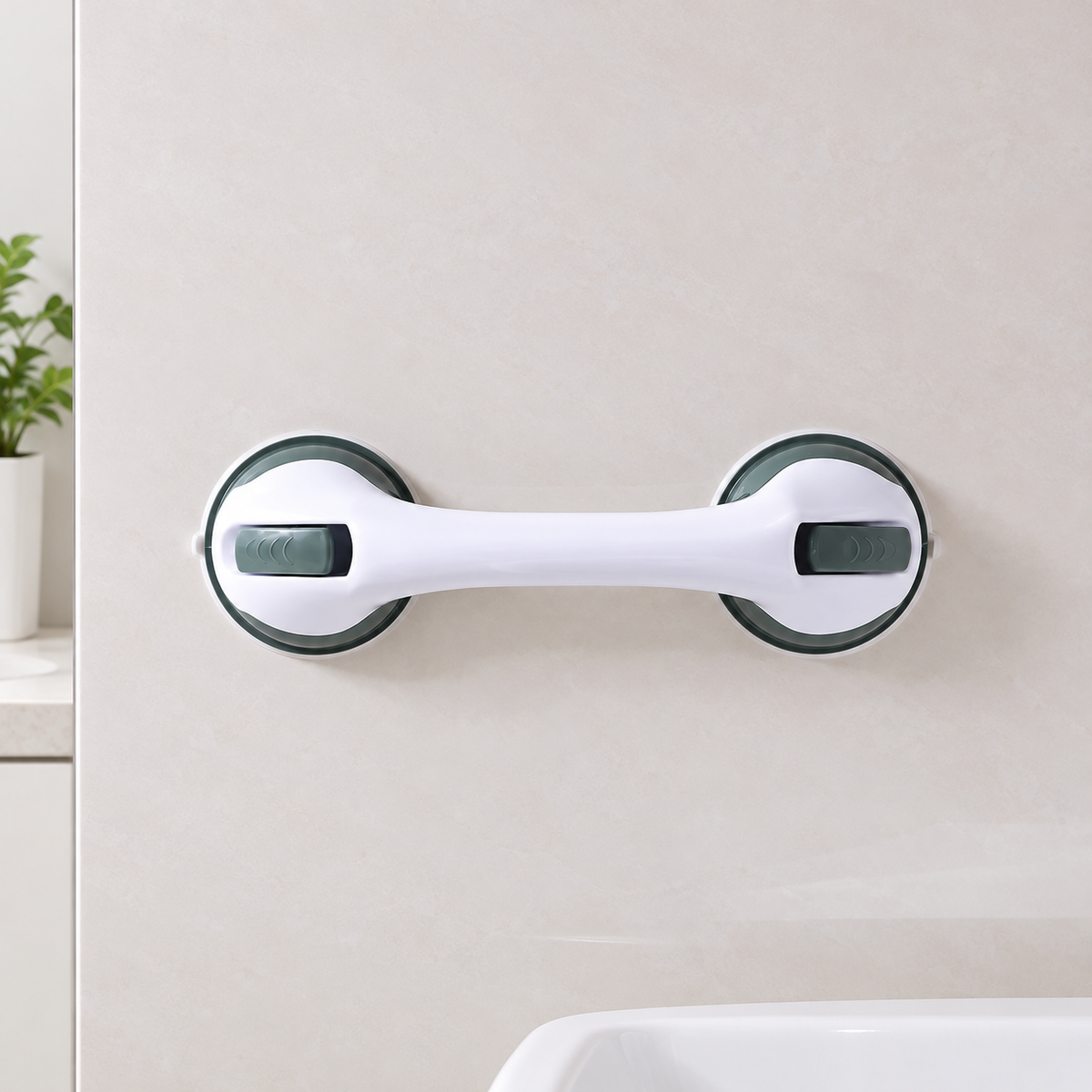 One off-white suction grab handle mounted horizontally on a smooth uninterrupted panel; unloaded static display