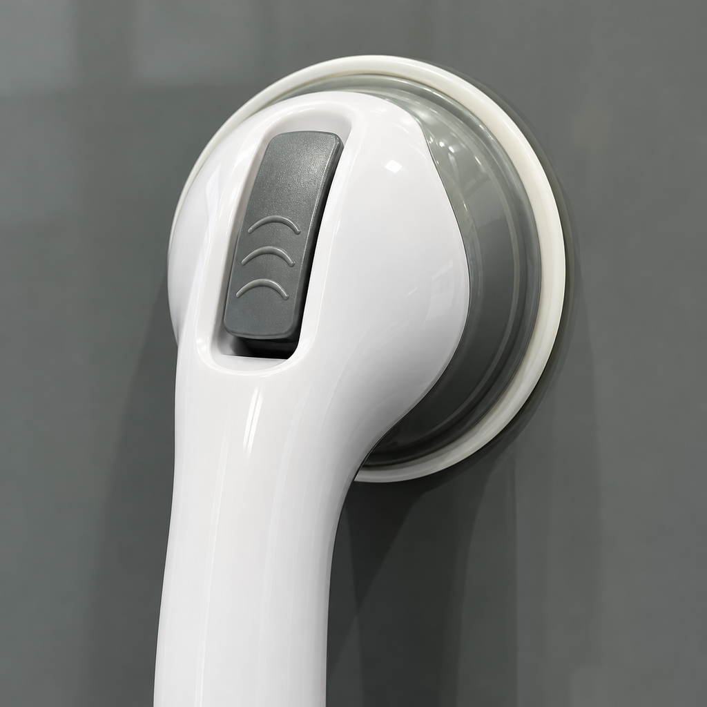 Close-up of the gray locking tab and circular end housing of the off-white suction handle