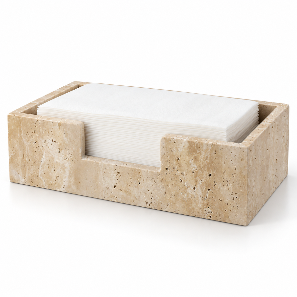 Beige porous stone guest towel holder with white towel styling props on white background