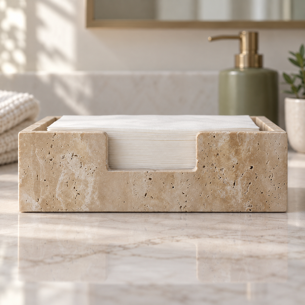 Straight front view of beige stone guest towel holder on a styled vanity; towels and accessories are props